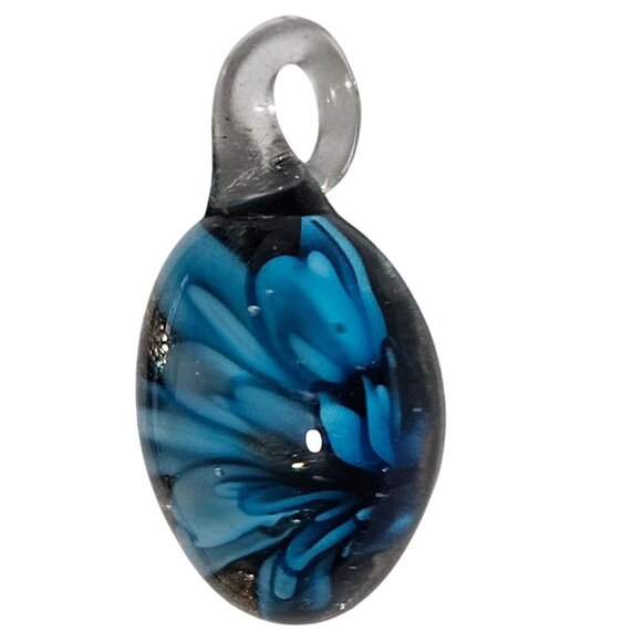 Handcrafted Elegant Glass Pendant Blue Flower Black Backdrop Jewelry Accessory - Picture 2 of 5
